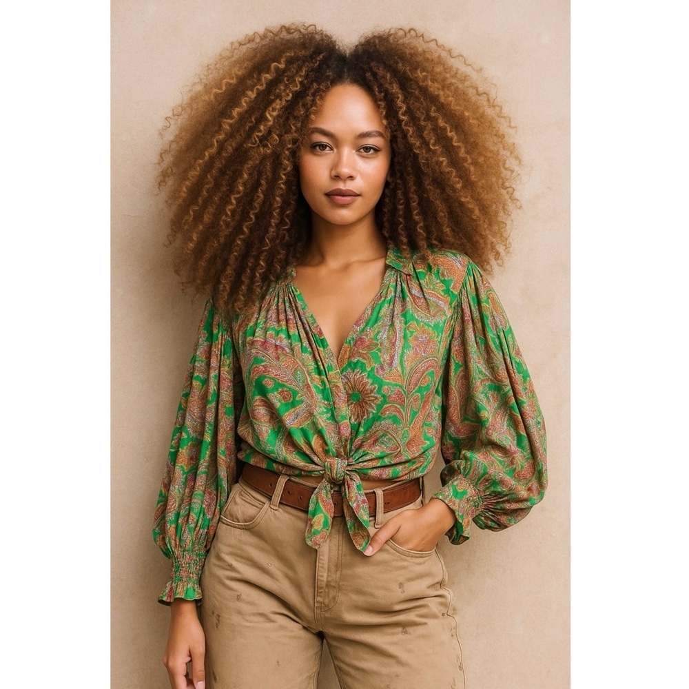 LOVE THE LABEL Floral Paisley Puff Long Sleeve Ruffle V-Neck Tie Front Top‎ XS